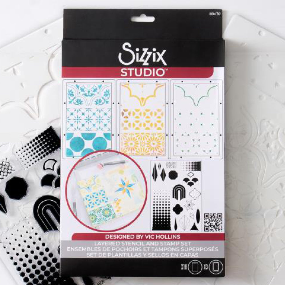 Geometric - Stencils and Stamps ... Sizzix Studio Mixed Media Kit ... by Vic Hollins and Sizzix. Layering art stencils and clear acrylic stamps to use with mixed media, papercrafts, art journaling, visual arts of all kinds. Geometric includes 18 (eighteen) stamp designs and 3 (three) stencil sheets, each with 3 (three) coordinating patterns. Designs feature circles, flowers, scallop corner frame, stars, halftone blocks, diamonds, octagons, scales and more. Photo of the packaging.