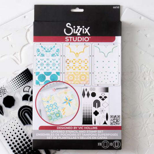 Geometric - Stencils and Stamps ... Sizzix Studio Mixed Media Kit ... by Vic Hollins and Sizzix. Layering art stencils and clear acrylic stamps to use with mixed media, papercrafts, art journaling, visual arts of all kinds. Geometric includes 18 (eighteen) stamp designs and 3 (three) stencil sheets, each with 3 (three) coordinating patterns. Designs feature circles, flowers, scallop corner frame, stars, halftone blocks, diamonds, octagons, scales and more. Photo of the packaging.