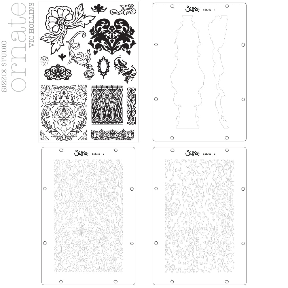 Ornate - Stencils and Stamps ... Sizzix Studio Mixed Media Kit ... by Vic Hollins and Sizzix. Layering art stencils and clear acrylic stamps to use for mixed media, papercrafts, art journaling, visual arts of all kinds. The stamp designs in this set includes beautiful detailed flourishes, floral elements, leafy pattens, birds, a small oval frame, edging and more. A total of 14 stamp designs and 3 stencils. Stencil designs include a pair of rugged abstract stripes and two lacy patterns. Overview of designs.