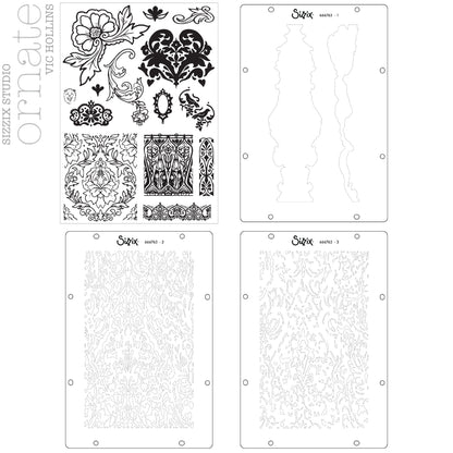 Ornate - Stencils and Stamps ... Sizzix Studio Mixed Media Kit ... by Vic Hollins and Sizzix. Layering art stencils and clear acrylic stamps to use for mixed media, papercrafts, art journaling, visual arts of all kinds. The stamp designs in this set includes beautiful detailed flourishes, floral elements, leafy pattens, birds, a small oval frame, edging and more. A total of 14 stamp designs and 3 stencils. Stencil designs include a pair of rugged abstract stripes and two lacy patterns. Overview of designs.