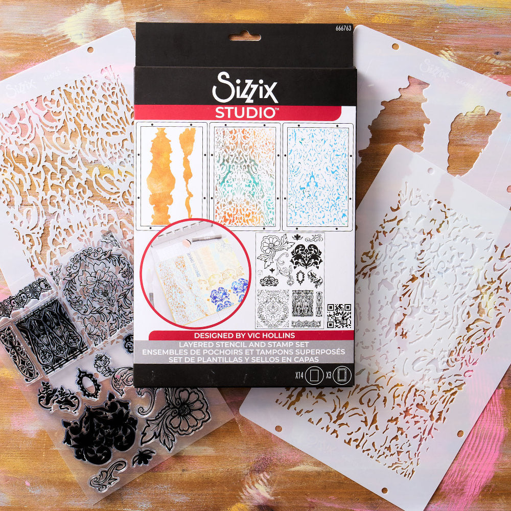 Ornate - Stencils and Stamps ... Sizzix Studio Mixed Media Kit ... by Vic Hollins and Sizzix. Layering art stencils and clear acrylic stamps to use for mixed media, papercrafts, art journaling, visual arts of all kinds. The stamp designs in this set includes beautiful detailed flourishes, floral elements, leafy pattens, birds, a small oval frame, edging and more. A total of 14 stamp designs and 3 stencils. Stencil designs include a pair of rugged abstract stripes and two lacy patterns. Photographic overview