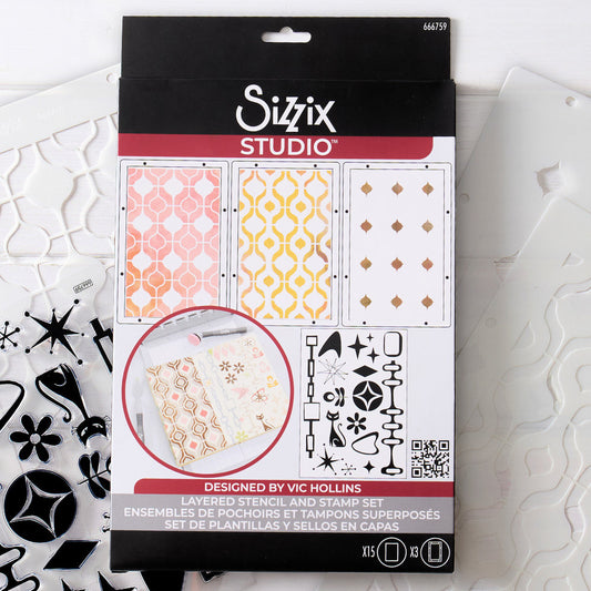 Retro - Stencils and Stamps ... Sizzix Studio Mixed Media Kit ... by Vic Hollins and Sizzix. Layering art stencils and clear acrylic stamps to use for mixed media, papercrafts, art journaling, visual arts of all kinds. The stamp designs in this set feature 1950s stylized elements including a beautiful black sitting cat, flowers, squares and oblongs, sparkles, stars and more. A total of 15 stamp designs. Stencils are fashionable tile patterns, 3 designs. Photo is an overview of the kit.