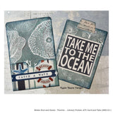 Library Pocket, ATC Card and Tabs - Sizzix Thinlits die cutting templates by Eileen Hull. 5 (five) dies for a folded pocket, labels, tabs and artist trading card (ATC) base with rounded corners (no.666151). Example by Karen Bearse.