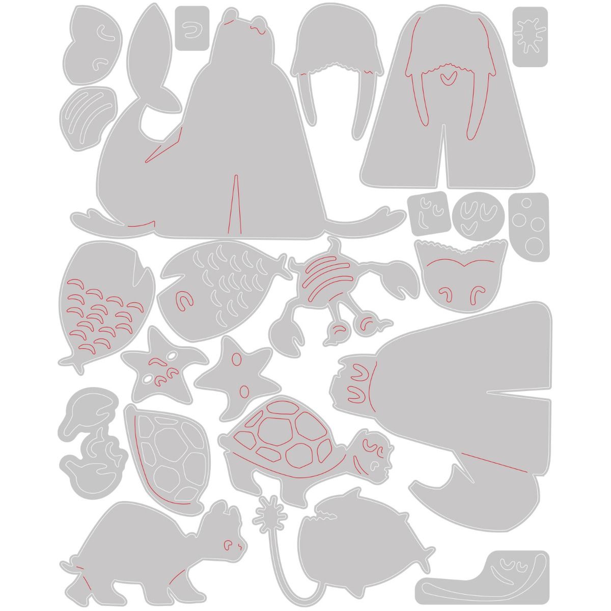 Templates for Under the Sea (set 2) ... Colorize Thinlits - Die Cutting Templates by Tim Holtz and Sizzix (no. 665378). Walrus, turtoise, fishing angler fish with his little light, serene starfish and dancing walking crab. A wonderful set of seaside friends to create art with. Make a seaside scene on beach with a walrus, discussing the options of oysters for tea or go for a slow and steady walk, stick starfish to tanks, cut out a heap of crabs to dance either around a ship. Have fun.