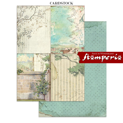 Art Journaling Pack - Alice in Christmas Wonderland ... by Stamperia. Collection of backgrounds, stickers and cut outs for papercrafts, mixed media, junk journaling, cardmaking, scrapbooking and crafty days. 8 (eight) sheets of cardstock, 4 (four) sheets of stickers, 4 (four) sheets of die cuts, 16 (sixteen) pages in total. Cosy designs, beautiful scenes, the Cheshire Cat and much more are to be enjoyed using this beautiful collection, inspired by Lewis Carroll's books. Image of outdoor garden scenes.