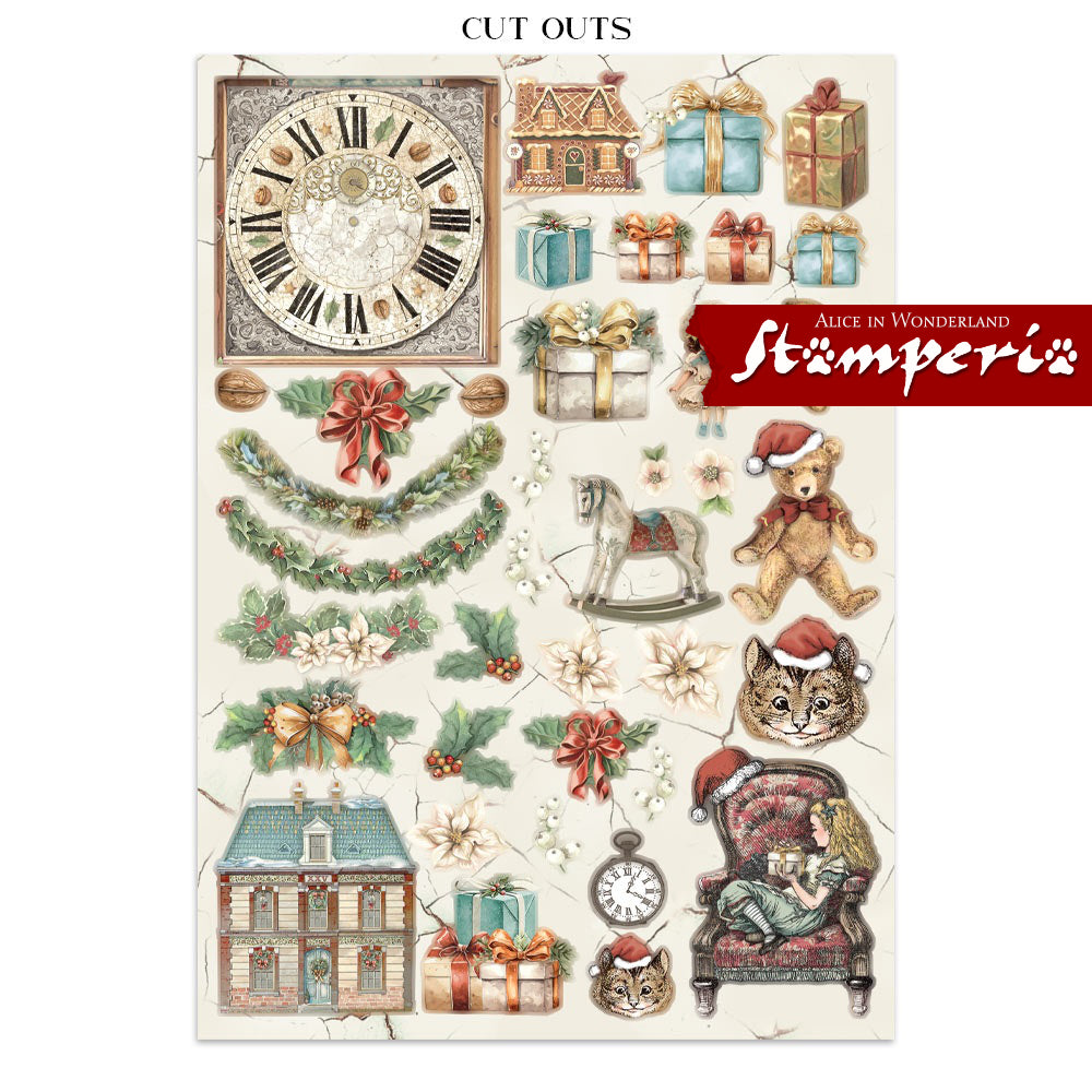 Art Journaling Pack - Alice in Christmas Wonderland ... by Stamperia. Collection of backgrounds, stickers and cut outs for papercrafts, mixed media, junk journaling, cardmaking, scrapbooking and crafty days. 8 (eight) sheets of cardstock, 4 (four) sheets of stickers, 4 (four) sheets of die cuts, 16 (sixteen) pages in total. Cosy designs, beautiful scenes, the Cheshire Cat and much more are to be enjoyed using this beautiful collection, inspired by Lewis Carroll's books. Image of festive elements, cut outs.