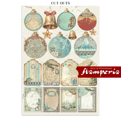 Art Journaling Pack - Alice in Christmas Wonderland ... by Stamperia. Collection of backgrounds, stickers and cut outs for papercrafts, mixed media, junk journaling, cardmaking, scrapbooking and crafty days. 8 (eight) sheets of cardstock, 4 (four) sheets of stickers, 4 (four) sheets of die cuts, 16 (sixteen) pages in total. Cosy designs, beautiful scenes, the Cheshire Cat and much more are to be enjoyed using this beautiful collection, inspired by Lewis Carroll's books. Image of tags and bells, cutouts.