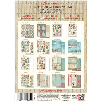 Art Journaling Pack - Alice in Christmas Wonderland ... by Stamperia. Collection of backgrounds, stickers and cut outs for papercrafts, mixed media, junk journaling, cardmaking, scrapbooking and crafty days. 8 (eight) sheets of cardstock, 4 (four) sheets of stickers, 4 (four) sheets of die cuts, 16 (sixteen) pages in total. Cosy designs, beautiful scenes, the Cheshire Cat and much more are to be enjoyed using this beautiful collection, inspired by Lewis Carroll's books. Image of back cover, overview of pack