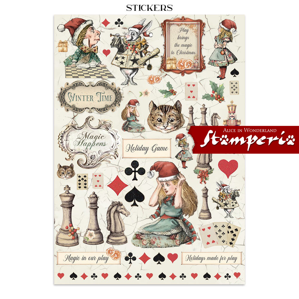 Art Journaling Pack - Alice in Christmas Wonderland ... by Stamperia. Collection of backgrounds, stickers and cut outs for papercrafts, mixed media, junk journaling, cardmaking, scrapbooking and crafty days. 8 (eight) sheets of cardstock, 4 (four) sheets of stickers, 4 (four) sheets of die cuts, 16 (sixteen) pages in total. Cosy designs, beautiful scenes, the Cheshire Cat and much more are to be enjoyed using this beautiful collection, inspired by Lewis Carroll's books. Image of wonderful stickers.