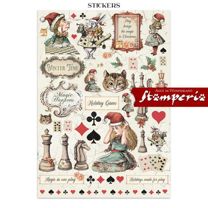 Art Journaling Pack - Alice in Christmas Wonderland ... by Stamperia. Collection of backgrounds, stickers and cut outs for papercrafts, mixed media, junk journaling, cardmaking, scrapbooking and crafty days. 8 (eight) sheets of cardstock, 4 (four) sheets of stickers, 4 (four) sheets of die cuts, 16 (sixteen) pages in total. Cosy designs, beautiful scenes, the Cheshire Cat and much more are to be enjoyed using this beautiful collection, inspired by Lewis Carroll's books. Image of wonderful stickers.