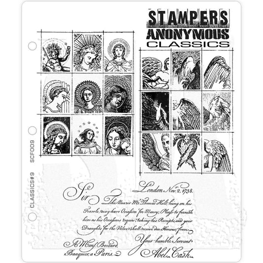 Classics no.9 ... rubber stamps by Tim Holtz and Stampers Anonymous (SCF009). 3 (three) stamps with gathering of angels, wings and a handwritten letter.

This set features beautiful vintage portraits of angels, cherub, saints and wings in two blocks of 9 images (with very fine line dividers), and a beautifully written letter.

Sizes (approx) : blocks of angels are 80mm x 103mm high.