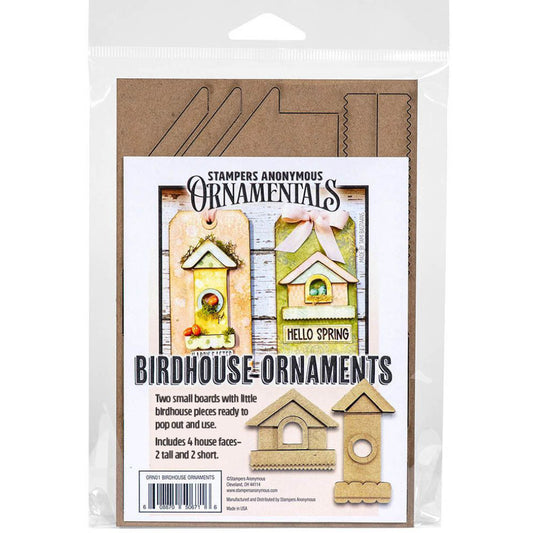 Birdhouse Ornaments - Thickboard Shapes ... by Stampers Anonymous. 2 (two) sheets of compressed board with precut designs of little bird house pieces, ready to pop out and use to create 4 (four) house faces, 2 short and 2 tall. 18 pieces per sheet. ORN01  Each sheet is 4 1/2" x 6 3/4" and approx 2mm thick. Use to create mixed media artwork with birds and / or cats who love to watch birds, flowers, steampunk elements, book covers, tags, hanging ornaments, Easter creations and other multi-layered makes