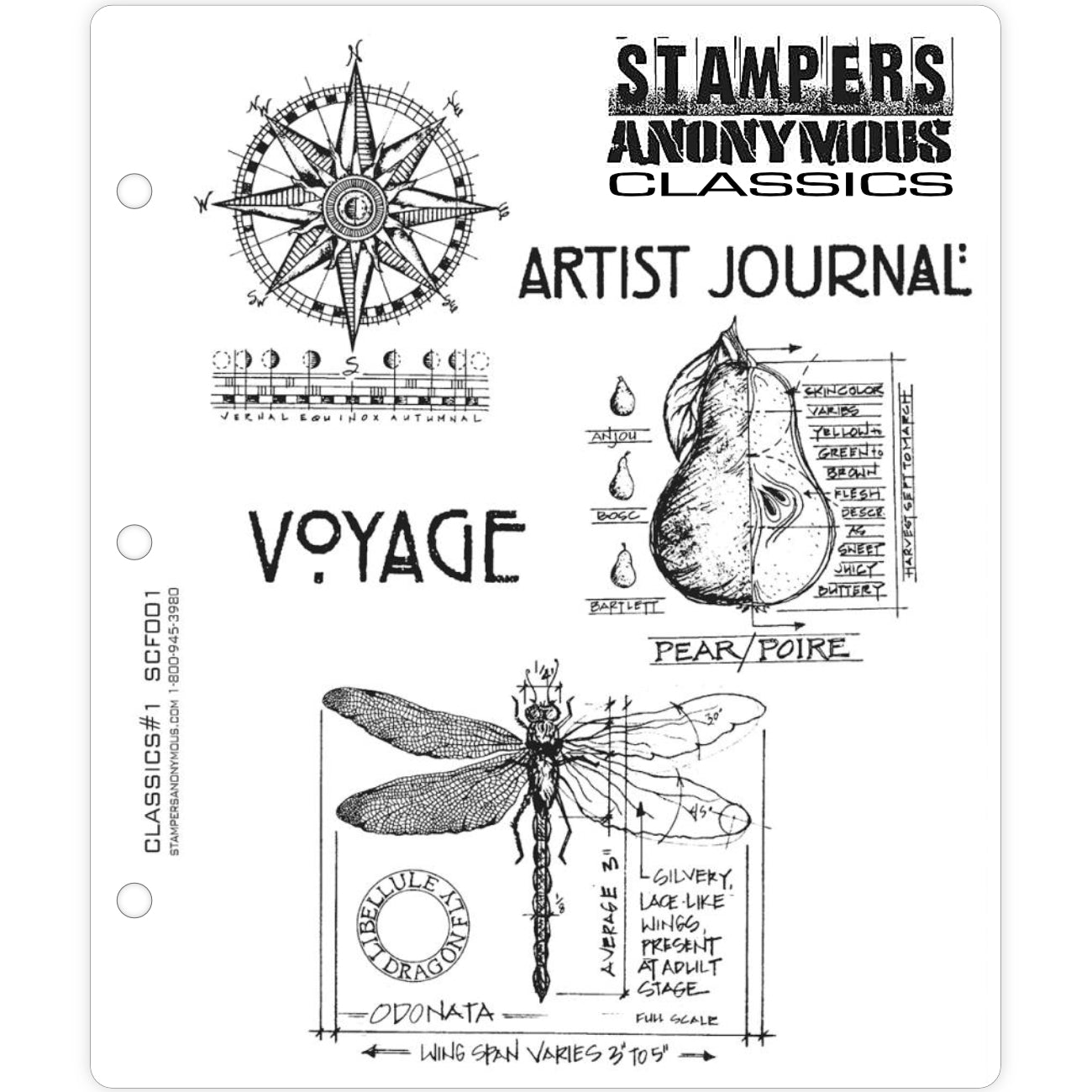 Classics no.1 ... rubber stamps by Tim Holtz and Stampers Anonymous (SCF001). 5 (five) stamps of compass, pear, dragonfly and labels.

This set features a beautiful dragonfly etched with details one side and labelled elements in a blueprint style the other, a juicy looking pear illustrated with a whole fruit on the left half and a cut-through segment on the right with labels, two text stamps of 'artist journal' and 'voyage' in uppercase Art Deco style font, and a compass with all the bearings and strip with