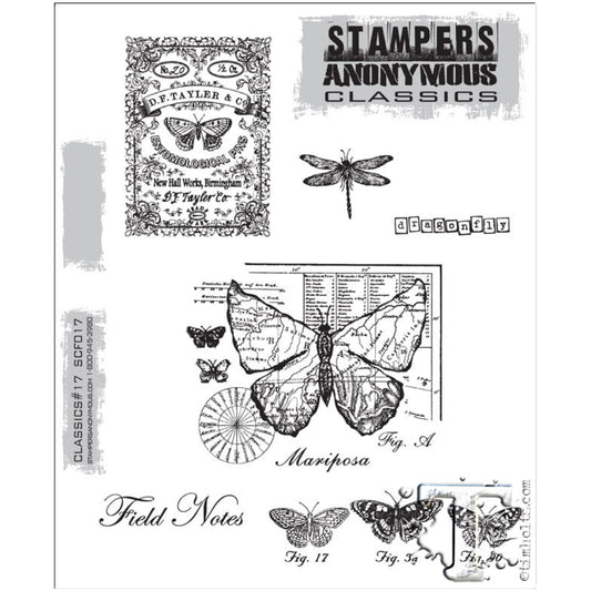 Classics no.17 ... rubber stamps by Tim Holtz and Stampers Anonymous (SCF017). 6 (six) stamps of butterflies, entomology notes, dragonflies and labels.

This set features gorgeous vintage designs of a intricatey decorated entomological pin tray lid, a tiny dragonfly, label of dragonfly in lowercase letters each in a block, a collage design of field notes elements with butterflies and map overlay, the label 'field notes' in script, a trio of butterflies with captions