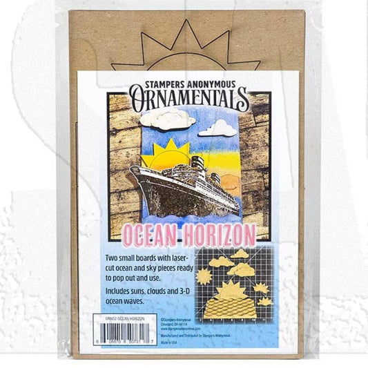 Stampers Anonymous 'Ocean Horizon' laser-cut cardboard ornament kit in its clear plastic packaging, featuring a brown laser cut sheet of shapes and label featuring a card and ocean liner.