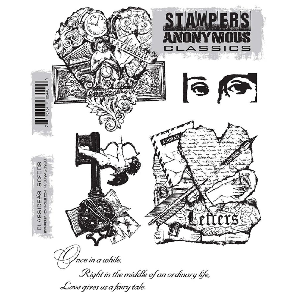 Classics no.8 ... rubber stamps by Tim Holtz and Stampers Anonymous (SCF008). 5 (five) designs of collaged heart, pair of eyes, cupid riding a key, stationery heart, and a heartwarming quote.

This set features a wonderful message in a beautiful script "once in a while, right in the middle of an ordinary life, Love gives us a fairy tale." plus other love themed collage styled images of hearts, letters, patisserie angels and more.