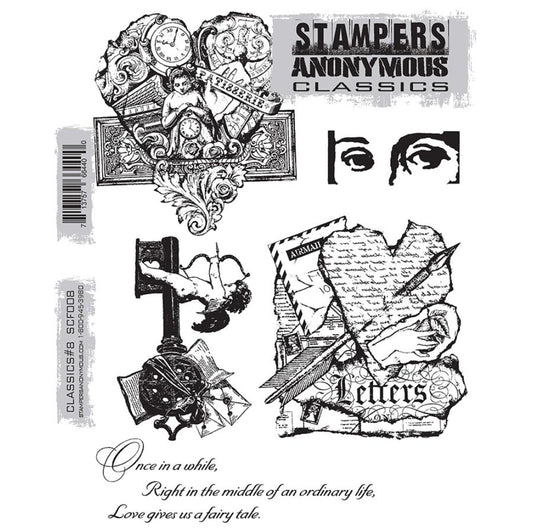 Classics no.8 ... rubber stamps by Tim Holtz and Stampers Anonymous (SCF008). 5 (five) designs of collaged heart, pair of eyes, cupid riding a key, stationery heart, and a heartwarming quote.

This set features a wonderful message in a beautiful script "once in a while, right in the middle of an ordinary life, Love gives us a fairy tale." plus other love themed collage styled images of hearts, letters, patisserie angels and more.