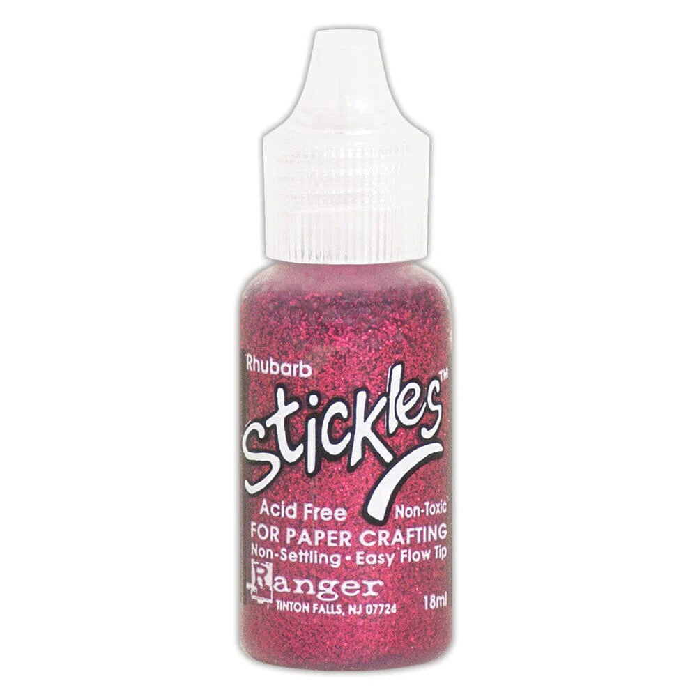 Rhubarb - Stickles by Ranger . Add a touch of magical sparkle everywhere you go with this beautiful and easy to use glitter glue! Stickles is a clear medium infused with an abundance of non-settling super fine sparkly glitters in a wild variety of colours. Use on papercrafts, scrapbooking, mixed media, cardmaking, visual arts of all kinds. Each bottle holds 18ml and has a fine tipped nozzle with an easy squeeze application. Once dry on porous surfaces, it is permanent and does not brush off.