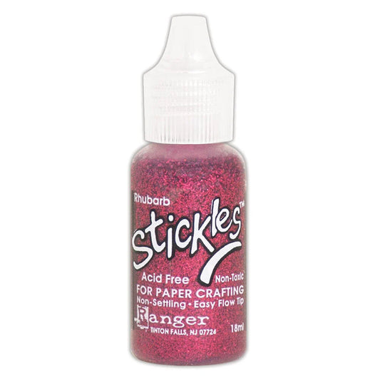 Rhubarb - Stickles by Ranger . Add a touch of magical sparkle everywhere you go with this beautiful and easy to use glitter glue! Stickles is a clear medium infused with an abundance of non-settling super fine sparkly glitters in a wild variety of colours. Use on papercrafts, scrapbooking, mixed media, cardmaking, visual arts of all kinds. Each bottle holds 18ml and has a fine tipped nozzle with an easy squeeze application. Once dry on porous surfaces, it is permanent and does not brush off.