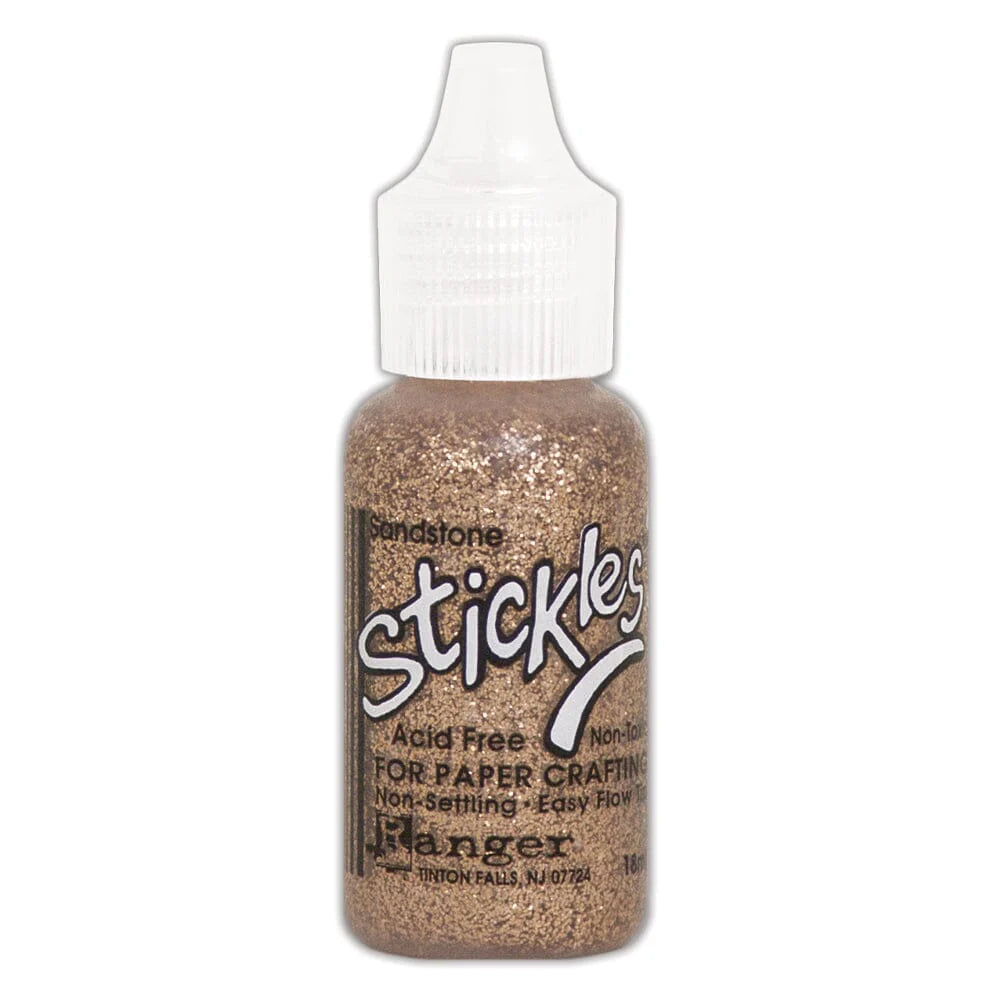 Sandstone - Stickles by Ranger . Add a touch of magical sparkle everywhere you go with this beautiful and easy to use glitter glue! Stickles is a clear medium infused with an abundance of non-settling super fine sparkly glitters in a wild variety of colours. Use on papercrafts, scrapbooking, mixed media, cardmaking, visual arts of all kinds. Each bottle holds 18ml and has a fine tipped nozzle with an easy squeeze application. Once dry on porous surfaces, it is permanent and does not brush off.