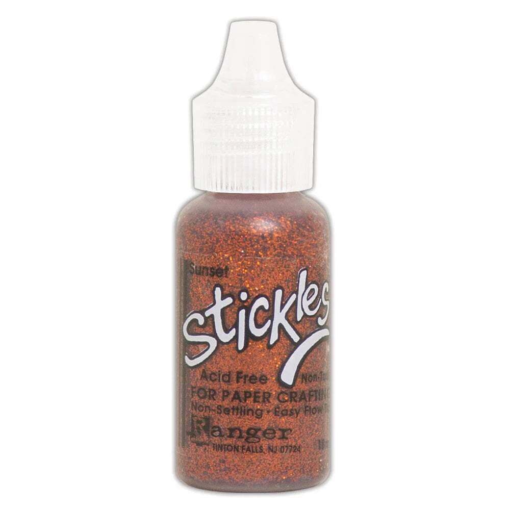 Sunset - Stickles by Ranger . Add a touch of magical sparkle everywhere you go with this beautiful and easy to use glitter glue! Stickles is a clear medium infused with an abundance of non-settling super fine sparkly glitters in a wild variety of colours. Use on papercrafts, scrapbooking, mixed media, cardmaking, visual arts of all kinds. Each bottle holds 18ml and has a fine tipped nozzle with an easy squeeze application. Once dry on porous surfaces, it is permanent and does not brush off.