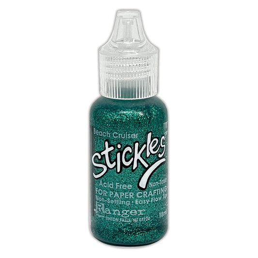 Beach Cruiser - Stickles by Ranger . Add a touch of magical sparkle everywhere you go with this beautiful and easy to use glitter glue! Stickles is a clear medium infused with an abundance of non-settling super fine sparkly glitters in a wild variety of colours. Use on papercrafts, scrapbooking, mixed media, cardmaking, visual arts of all kinds. Each bottle holds 18ml and has a fine tipped nozzle with an easy squeeze application. Once dry on porous surfaces, it is permanent and does not brush off.