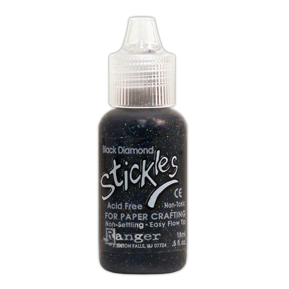 Black Diamond - Stickles by Ranger . Add a touch of magical sparkle everywhere you go with this beautiful and easy to use glitter glue! Stickles is a clear medium infused with an abundance of non-settling super fine sparkly glitters in a wild variety of colours. Use on papercrafts, scrapbooking, mixed media, cardmaking, visual arts of all kinds. Each bottle holds 18ml and has a fine tipped nozzle with an easy squeeze application. Once dry on porous surfaces, it is permanent and does not brush off.
