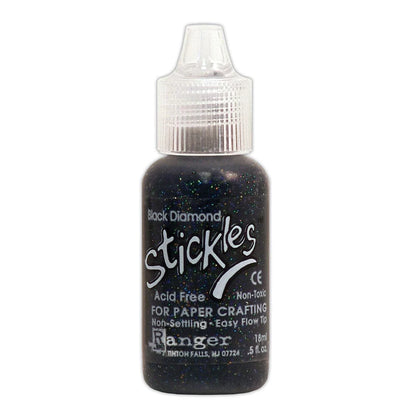 Black Diamond - Stickles by Ranger . Add a touch of magical sparkle everywhere you go with this beautiful and easy to use glitter glue! Stickles is a clear medium infused with an abundance of non-settling super fine sparkly glitters in a wild variety of colours. Use on papercrafts, scrapbooking, mixed media, cardmaking, visual arts of all kinds. Each bottle holds 18ml and has a fine tipped nozzle with an easy squeeze application. Once dry on porous surfaces, it is permanent and does not brush off.
