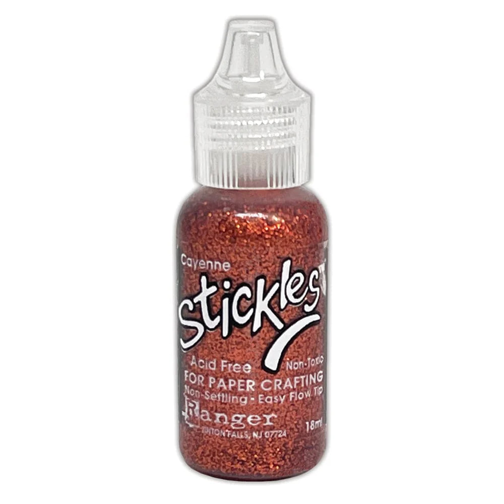 Cayenne - Stickles by Ranger . Add a touch of magical sparkle everywhere you go with this beautiful and easy to use glitter glue! Stickles is a clear medium infused with an abundance of non-settling super fine sparkly glitters in a wild variety of colours. Use on papercrafts, scrapbooking, mixed media, cardmaking, visual arts of all kinds. Each bottle holds 18ml and has a fine tipped nozzle with an easy squeeze application. Once dry on porous surfaces, it is permanent and does not brush off.