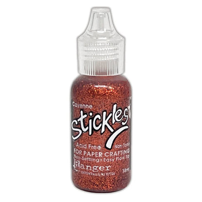 Cayenne - Stickles by Ranger . Add a touch of magical sparkle everywhere you go with this beautiful and easy to use glitter glue! Stickles is a clear medium infused with an abundance of non-settling super fine sparkly glitters in a wild variety of colours. Use on papercrafts, scrapbooking, mixed media, cardmaking, visual arts of all kinds. Each bottle holds 18ml and has a fine tipped nozzle with an easy squeeze application. Once dry on porous surfaces, it is permanent and does not brush off.