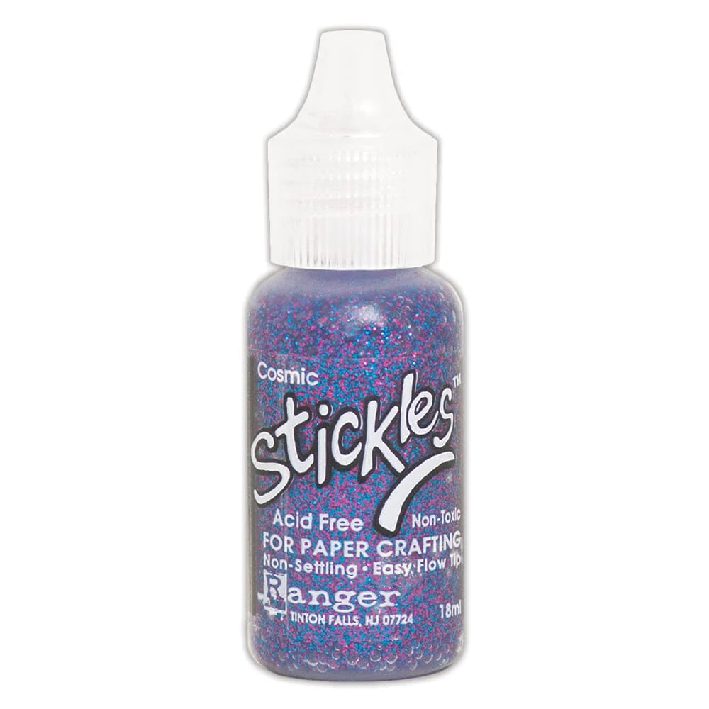 Cosmic - Stickles by Ranger . Add a touch of magical sparkle everywhere you go with this beautiful and easy to use glitter glue! Stickles is a clear medium infused with an abundance of non-settling super fine sparkly glitters in a wild variety of colours. Use on papercrafts, scrapbooking, mixed media, cardmaking, visual arts of all kinds. Each bottle holds 18ml and has a fine tipped nozzle with an easy squeeze application. Once dry on porous surfaces, it is permanent and does not brush off.