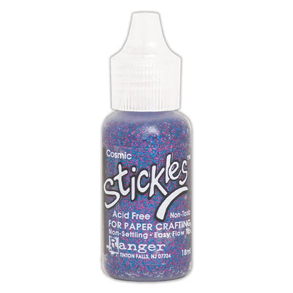 Cosmic - Stickles by Ranger . Add a touch of magical sparkle everywhere you go with this beautiful and easy to use glitter glue! Stickles is a clear medium infused with an abundance of non-settling super fine sparkly glitters in a wild variety of colours. Use on papercrafts, scrapbooking, mixed media, cardmaking, visual arts of all kinds. Each bottle holds 18ml and has a fine tipped nozzle with an easy squeeze application. Once dry on porous surfaces, it is permanent and does not brush off.
