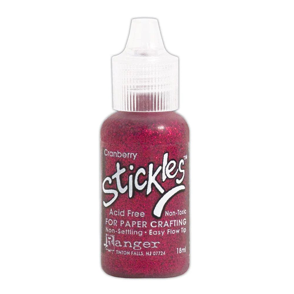 Cranberry - Stickles by Ranger . Add a touch of magical sparkle everywhere you go with this beautiful and easy to use glitter glue! Stickles is a clear medium infused with an abundance of non-settling super fine sparkly glitters in a wild variety of colours. Use on papercrafts, scrapbooking, mixed media, cardmaking, visual arts of all kinds. Each bottle holds 18ml and has a fine tipped nozzle with an easy squeeze application. Once dry on porous surfaces, it is permanent and does not brush off.