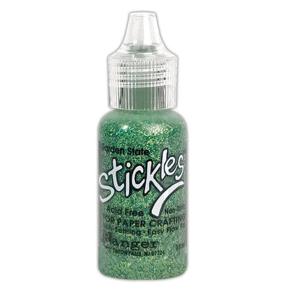 Garden State - Stickles by Ranger . Add a touch of magical sparkle everywhere you go with this beautiful and easy to use glitter glue! Stickles is a clear medium infused with an abundance of non-settling super fine sparkly glitters in a wild variety of colours. Use on papercrafts, scrapbooking, mixed media, cardmaking, visual arts of all kinds. Each bottle holds 18ml and has a fine tipped nozzle with an easy squeeze application. Once dry on porous surfaces, it is permanent and does not brush off.