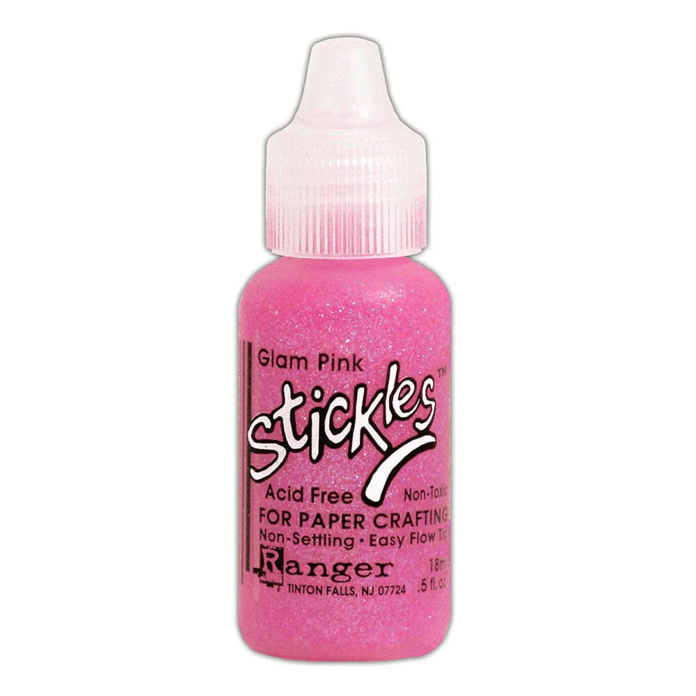 Glam Pink - Stickles by Ranger . Add a touch of magical sparkle everywhere you go with this beautiful and easy to use glitter glue! Stickles is a clear medium infused with an abundance of non-settling super fine sparkly glitters in a wild variety of colours. Use on papercrafts, scrapbooking, mixed media, cardmaking, visual arts of all kinds. Each bottle holds 18ml and has a fine tipped nozzle with an easy squeeze application. Once dry on porous surfaces, it is permanent and does not brush off.