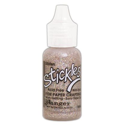 Glisten - Stickles by Ranger . Add a touch of magical sparkle everywhere you go with this beautiful and easy to use glitter glue! Stickles is a clear medium infused with an abundance of non-settling super fine sparkly glitters in a wild variety of colours. Use on papercrafts, scrapbooking, mixed media, cardmaking, visual arts of all kinds. Each bottle holds 18ml and has a fine tipped nozzle with an easy squeeze application. Once dry on porous surfaces, it is permanent and does not brush off.