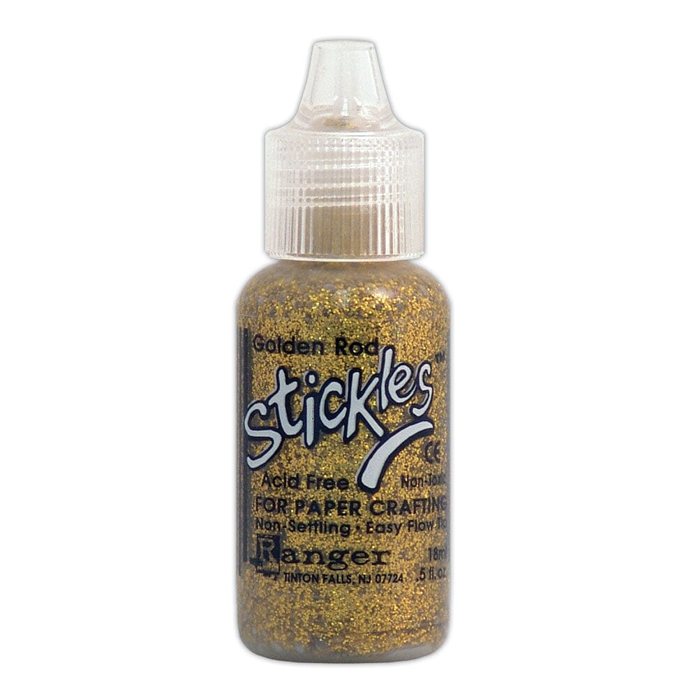Golden Rod - Stickles by Ranger . Add a touch of magical sparkle everywhere you go with this beautiful and easy to use glitter glue! Stickles is a clear medium infused with an abundance of non-settling super fine sparkly glitters in a wild variety of colours. Use on papercrafts, scrapbooking, mixed media, cardmaking, visual arts of all kinds. Each bottle holds 18ml and has a fine tipped nozzle with an easy squeeze application. Once dry on porous surfaces, it is permanent and does not brush off.