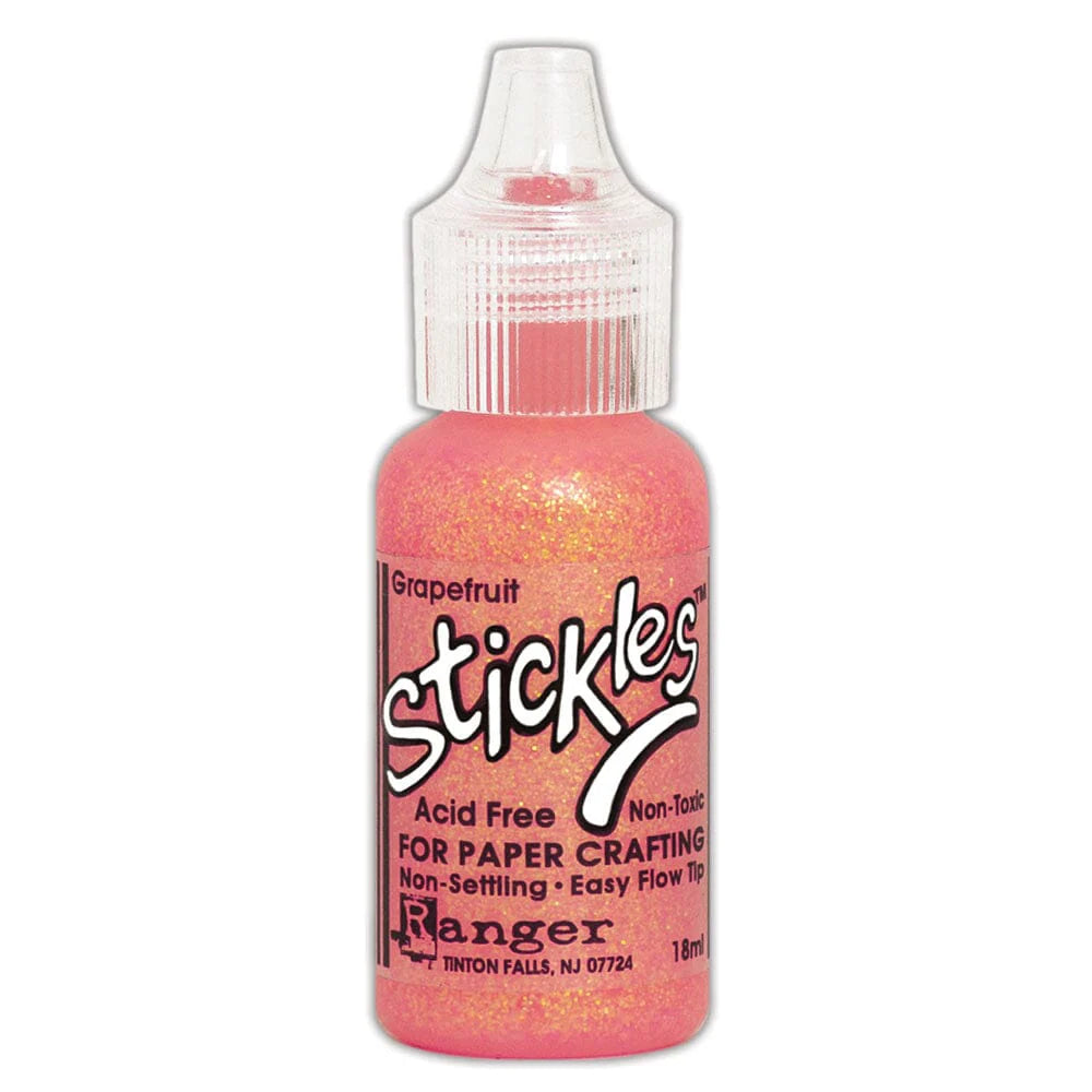 Grapefruit - Stickles by Ranger . Add a touch of magical sparkle everywhere you go with this beautiful and easy to use glitter glue! Stickles is a clear medium infused with an abundance of non-settling super fine sparkly glitters in a wild variety of colours. Use on papercrafts, scrapbooking, mixed media, cardmaking, visual arts of all kinds. Each bottle holds 18ml and has a fine tipped nozzle with an easy squeeze application. Once dry on porous surfaces, it is permanent and does not brush off.