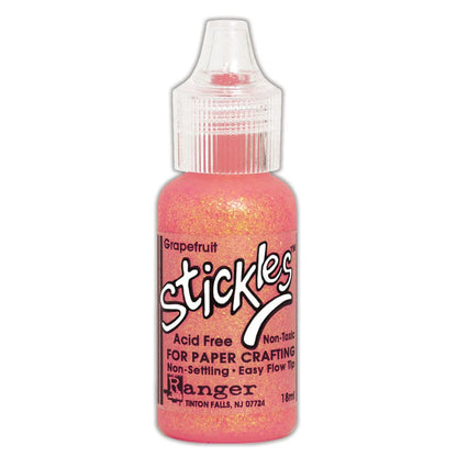 Grapefruit - Stickles by Ranger . Add a touch of magical sparkle everywhere you go with this beautiful and easy to use glitter glue! Stickles is a clear medium infused with an abundance of non-settling super fine sparkly glitters in a wild variety of colours. Use on papercrafts, scrapbooking, mixed media, cardmaking, visual arts of all kinds. Each bottle holds 18ml and has a fine tipped nozzle with an easy squeeze application. Once dry on porous surfaces, it is permanent and does not brush off.