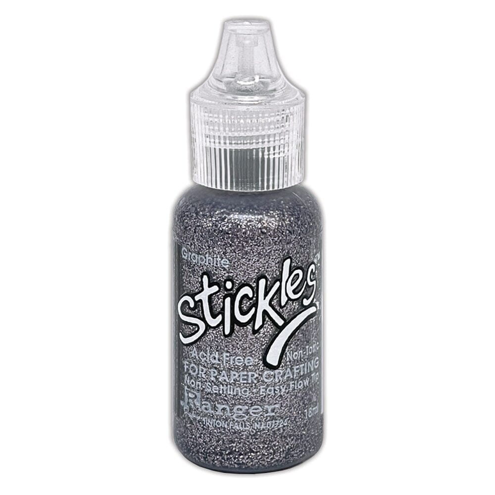 Graphite - Stickles by Ranger . Add a touch of magical sparkle everywhere you go with this beautiful and easy to use glitter glue! Stickles is a clear medium infused with an abundance of non-settling super fine sparkly glitters in a wild variety of colours. Use on papercrafts, scrapbooking, mixed media, cardmaking, visual arts of all kinds. Each bottle holds 18ml and has a fine tipped nozzle with an easy squeeze application. Once dry on porous surfaces, it is permanent and does not brush off.
