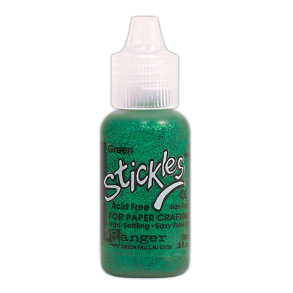 Green - Stickles by Ranger . Add a touch of magical sparkle everywhere you go with this beautiful and easy to use glitter glue! Stickles is a clear medium infused with an abundance of non-settling super fine sparkly glitters in a wild variety of colours. Use on papercrafts, scrapbooking, mixed media, cardmaking, visual arts of all kinds. Each bottle holds 18ml and has a fine tipped nozzle with an easy squeeze application. Once dry on porous surfaces, it is permanent and does not brush off.