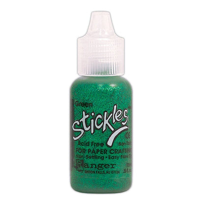 Green - Stickles by Ranger . Add a touch of magical sparkle everywhere you go with this beautiful and easy to use glitter glue! Stickles is a clear medium infused with an abundance of non-settling super fine sparkly glitters in a wild variety of colours. Use on papercrafts, scrapbooking, mixed media, cardmaking, visual arts of all kinds. Each bottle holds 18ml and has a fine tipped nozzle with an easy squeeze application. Once dry on porous surfaces, it is permanent and does not brush off.