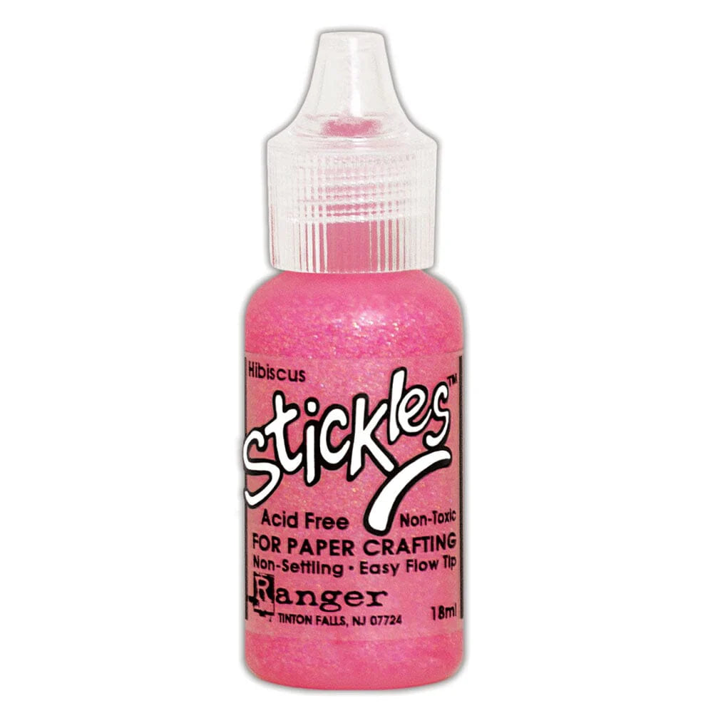 Hibiscus Pink  - Stickles by Ranger . Add a touch of magical sparkle everywhere you go with this beautiful and easy to use glitter glue! Stickles is a clear medium infused with an abundance of non-settling super fine sparkly glitters in a wild variety of colours. Use on papercrafts, scrapbooking, mixed media, cardmaking, visual arts of all kinds. Each bottle holds 18ml and has a fine tipped nozzle with an easy squeeze application. Once dry on porous surfaces, it is permanent and does not brush off.