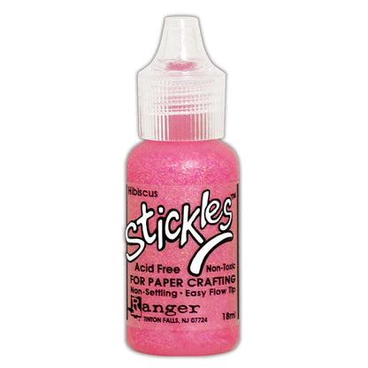 Hibiscus Pink  - Stickles by Ranger . Add a touch of magical sparkle everywhere you go with this beautiful and easy to use glitter glue! Stickles is a clear medium infused with an abundance of non-settling super fine sparkly glitters in a wild variety of colours. Use on papercrafts, scrapbooking, mixed media, cardmaking, visual arts of all kinds. Each bottle holds 18ml and has a fine tipped nozzle with an easy squeeze application. Once dry on porous surfaces, it is permanent and does not brush off.
