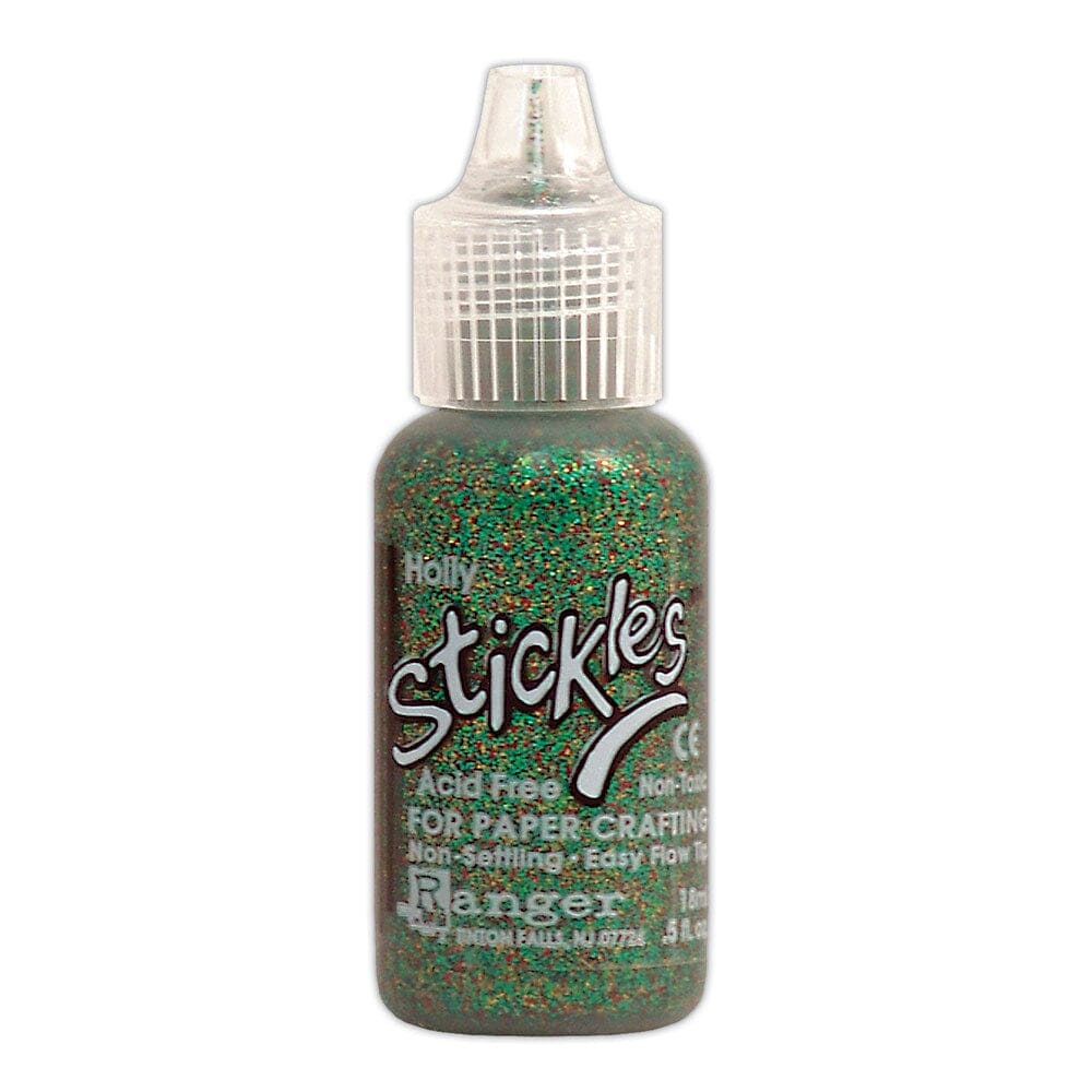 Holly green - Stickles by Ranger . Add a touch of magical sparkle everywhere you go with this beautiful and easy to use glitter glue! Stickles is a clear medium infused with an abundance of non-settling super fine sparkly glitters in a wild variety of colours. Use on papercrafts, scrapbooking, mixed media, cardmaking, visual arts of all kinds. Each bottle holds 18ml and has a fine tipped nozzle with an easy squeeze application. Once dry on porous surfaces, it is permanent and does not brush off.