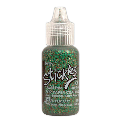 Holly green - Stickles by Ranger . Add a touch of magical sparkle everywhere you go with this beautiful and easy to use glitter glue! Stickles is a clear medium infused with an abundance of non-settling super fine sparkly glitters in a wild variety of colours. Use on papercrafts, scrapbooking, mixed media, cardmaking, visual arts of all kinds. Each bottle holds 18ml and has a fine tipped nozzle with an easy squeeze application. Once dry on porous surfaces, it is permanent and does not brush off.