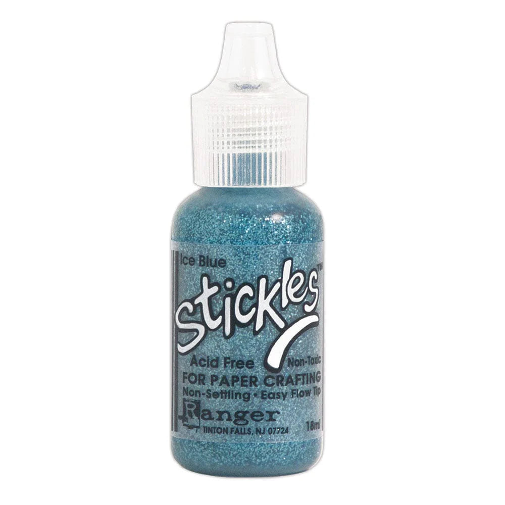Ice Blue - Stickles by Ranger . Add a touch of magical sparkle everywhere you go with this beautiful and easy to use glitter glue! Stickles is a clear medium infused with an abundance of non-settling super fine sparkly glitters in a wild variety of colours. Use on papercrafts, scrapbooking, mixed media, cardmaking, visual arts of all kinds. Each bottle holds 18ml and has a fine tipped nozzle with an easy squeeze application. Once dry on porous surfaces, it is permanent and does not brush off.