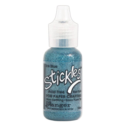 Ice Blue - Stickles by Ranger . Add a touch of magical sparkle everywhere you go with this beautiful and easy to use glitter glue! Stickles is a clear medium infused with an abundance of non-settling super fine sparkly glitters in a wild variety of colours. Use on papercrafts, scrapbooking, mixed media, cardmaking, visual arts of all kinds. Each bottle holds 18ml and has a fine tipped nozzle with an easy squeeze application. Once dry on porous surfaces, it is permanent and does not brush off.