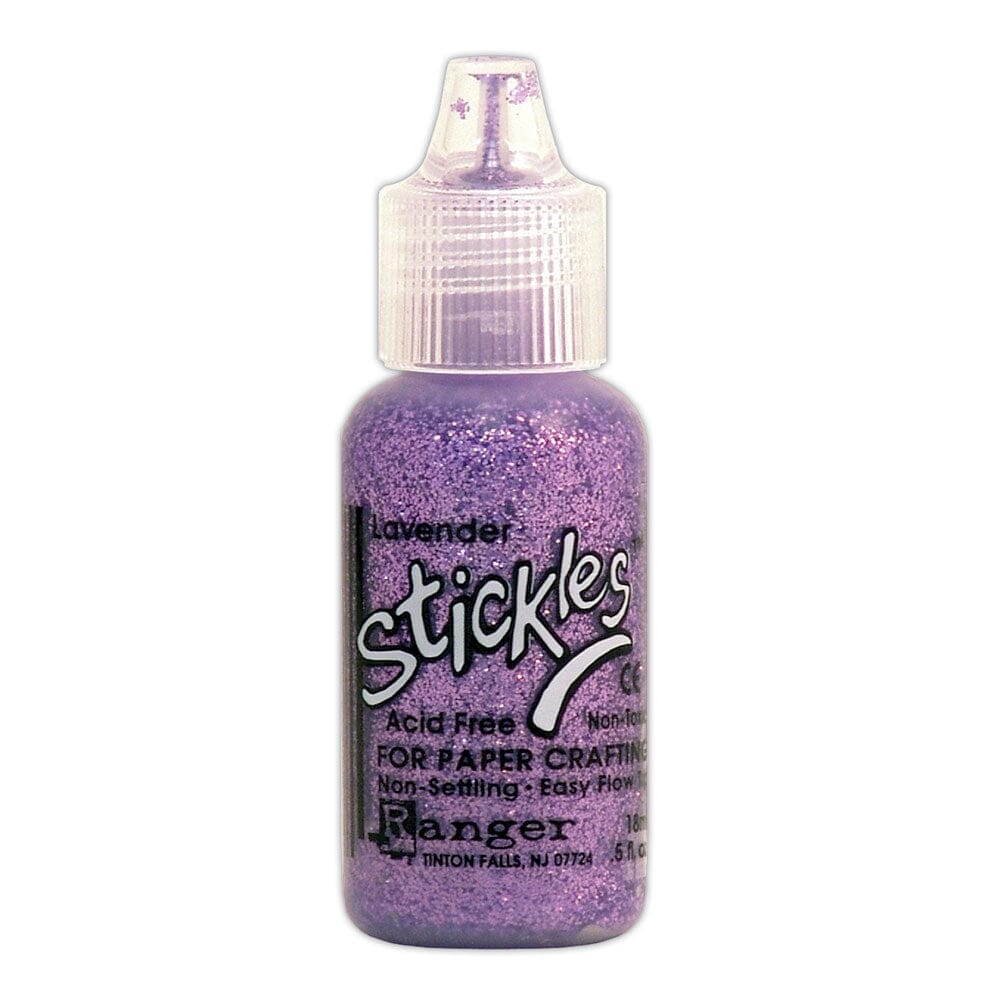Lavender - Stickles by Ranger . Add a touch of magical sparkle everywhere you go with this beautiful and easy to use glitter glue! Stickles is a clear medium infused with an abundance of non-settling super fine sparkly glitters in a wild variety of colours. Use on papercrafts, scrapbooking, mixed media, cardmaking, visual arts of all kinds. Each bottle holds 18ml and has a fine tipped nozzle with an easy squeeze application. Once dry on porous surfaces, it is permanent and does not brush off.