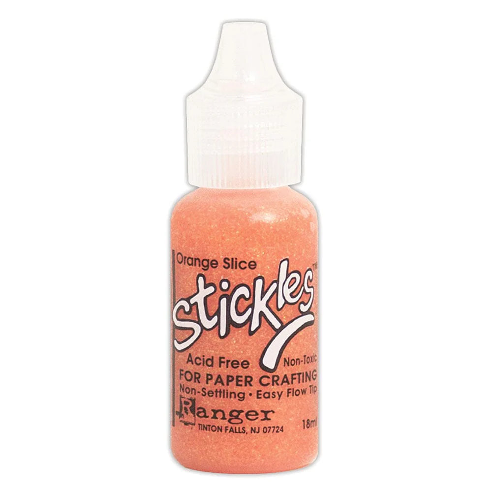 Orange Slice - Stickles by Ranger . Add a touch of magical sparkle everywhere you go with this beautiful and easy to use glitter glue! Stickles is a clear medium infused with an abundance of non-settling super fine sparkly glitters in a wild variety of colours. Use on papercrafts, scrapbooking, mixed media, cardmaking, visual arts of all kinds. Each bottle holds 18ml and has a fine tipped nozzle with an easy squeeze application. Once dry on porous surfaces, it is permanent and does not brush off.